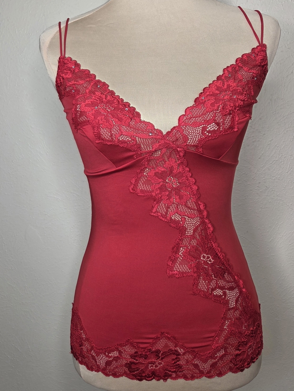 Y2K Red Lace Trim Rhinestone Cami Lingerie Tank Top Stretch Fitted
